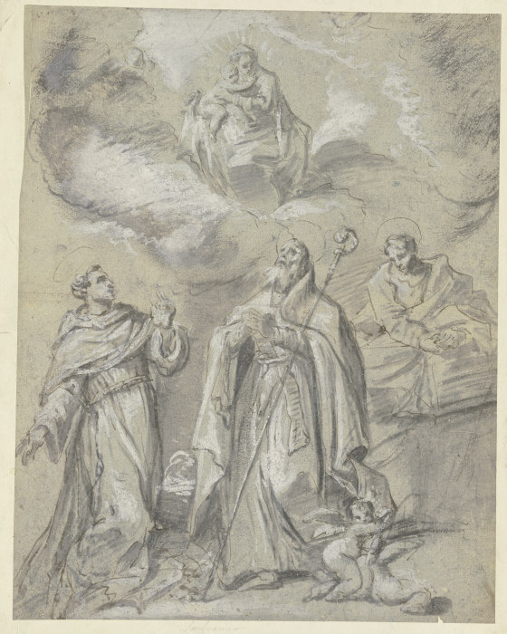 Die Madonna erscheint drei heiligen Männern od Giovanni Lanfranco