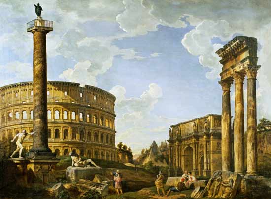 Roman Capriccio Showing the Colosseum, Borghese Warrior, Trajan's Column, the Dying Gaul, Tomb of Ce od Giovanni Paolo Pannini