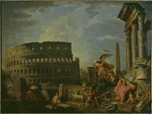 Ruinenlandschaft mit Kolosseum und Konstantinsbogen und Allegorie auf den Untergang des Roemischen R od Giovanni Paolo Pannini