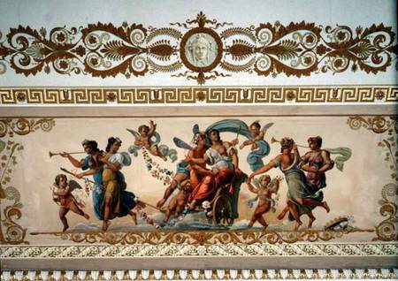 Triumphant goddess drawn in a chariot, detail of the ornamental border of the ceiling in the Raspber od Giovanni Scotti