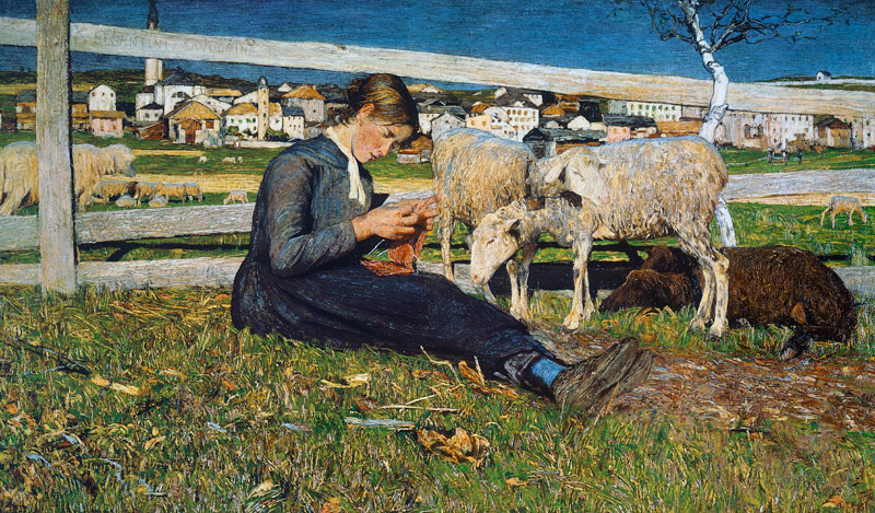 A Girl Knitting od Giovanni Segantini
