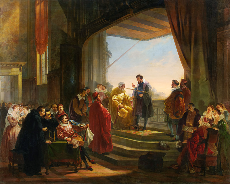 Galilei macht vor dem Dogen Leonardo Donato und dem Senat von Venedig den ersten Versuch mit Telesko od Giovanni Servi