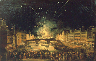 Feuerwerk über der Ponte alla Carraia in Florenz am Feste Johannes d. Täufers. od Giovanni Signorini