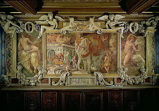 The Triumphal Elephant, an allegorical tribute to Francis I, detail of decorative scheme in the Gall od Giovanni Battista Rosso Fiorentino