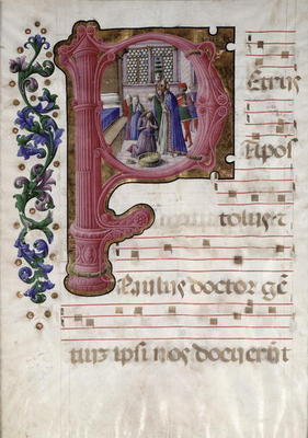 Historiated initial 'P' depicting the Baptism of Constantine (c.274-337) from a Lombardian antiphona od Girolamo  da Cremona