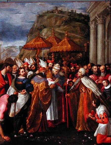 Pope Alexander III (1105-81), Emperor Frederick Barbarossa (c.1123-90) and Doge Sebastiano Ziani (c. od Girolamo Gambarato
