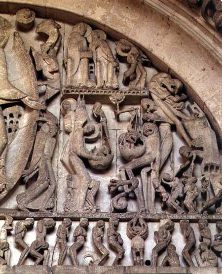 West Portal, detail of the Last Judgement, right hand side depicting the Weighing of Souls od Gislebertus