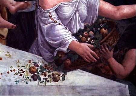 A basket of fruit and flowers, detail of the rustic banquet celebrating the marriage of Cupid and Ps od Giulio Romano