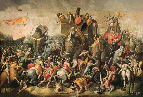 Schlachtbild mit Kriegselefanten. od Giulio Romano