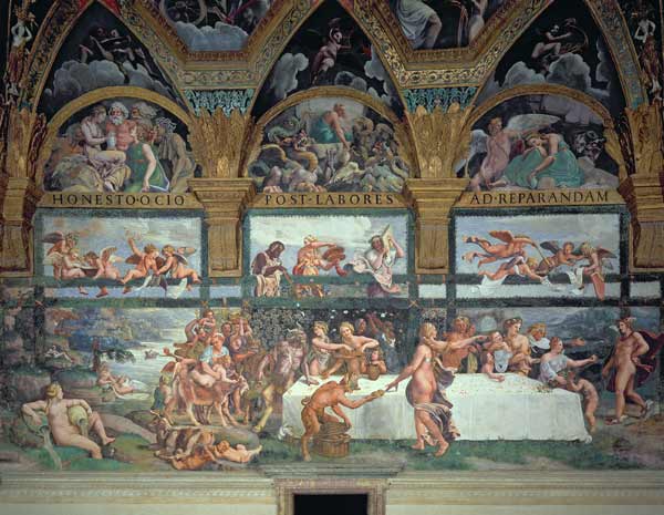 The Rustic Banquet celebrating the marriage of Cupid and Psyche, with the three lunettes above depic od Giulio Romano