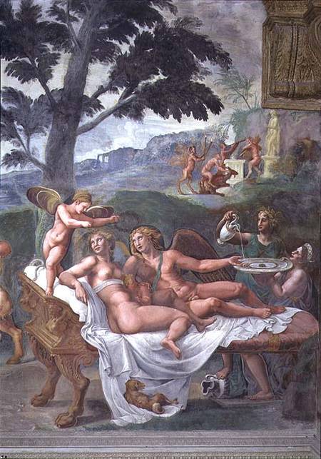 Cupid and Psyche with their daughter Voluptuousness, waited on by Ceres who pours water into a basin od Giulio Romano