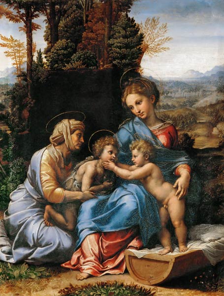 Svatá rodina s Janem K&#345;titelem jako dít&#283; a svatou Elizabetou (malá svatá rodina) od Giulio Romano