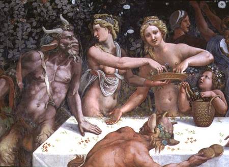 Two Horae scattering flowers, watched by two satyrs, detail of the rustic banquet celebrating the ma od Giulio Romano