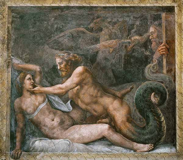 Olympia is seduced by Jupiter, whose thunderbolt is seized by an eagle who drills the eye of the jea od Giulio Romano