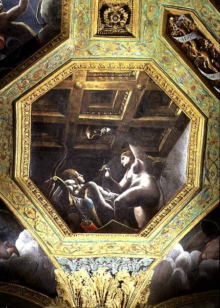 Psyche sees Cupid while he sleeps, ceiling caisson from the Sala di Amore e Psiche od Giulio Romano