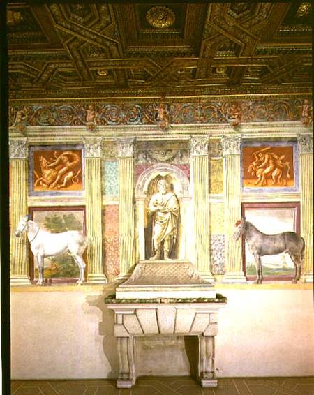 Sala dei Cavalli with trompe l'oeil portraits of two horses, the god Jupiter and imitation bronze pa od Giulio Romano