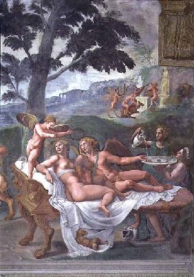 Cupid and Psyche with their daughter Voluptuousness, waited on by Ceres who pours water into a basin