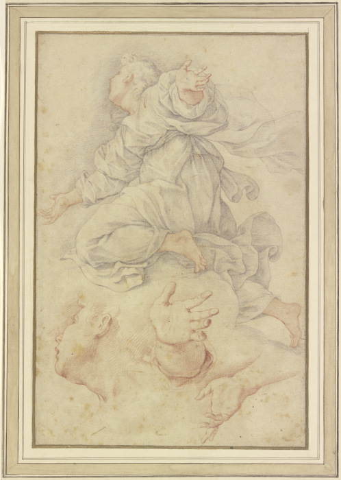 Studienblatt: Kniender Engel auf Wolken mit fliegendem Gewand, darunter eine Wiederholung des Kopfes od Giuseppe Bartolomeo Chiari