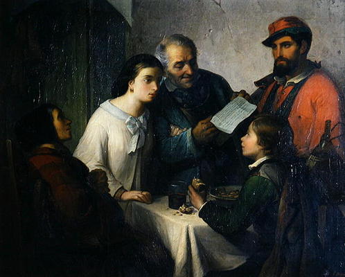 The Letter of the Volunteer, from the Front to the Family, 1861 (oil on canvas) od Giuseppe Moricci