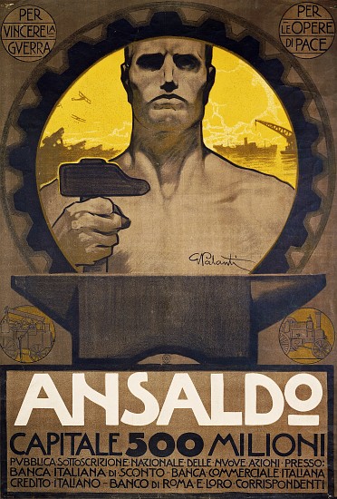 Worker with hammer and anvil, poster of Ansaldo of Genoa for the subscription of new shares od Giuseppe Palanti