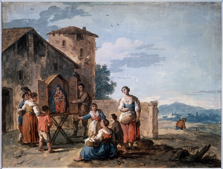 A group of peasants before the tabernacle with the Standing Madonna statue od Giuseppe Zais