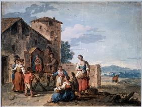 A group of peasants before the tabernacle with the Standing Madonna statue