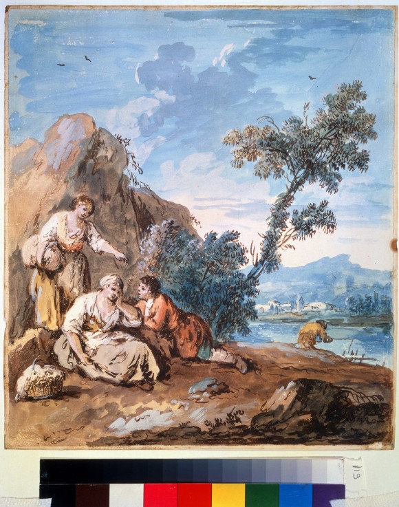 Three peasants resting on a river bank od Giuseppe Zais
