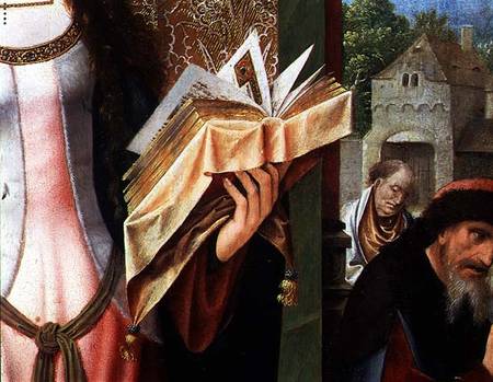 St. Catherine and the Philosophers, detail of the prayer book od Goossen  van der Weyden