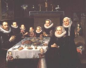 A Portrait of a Family saying Grace Before a Meal, with a Servant Stoking a Fire and a Landscape See