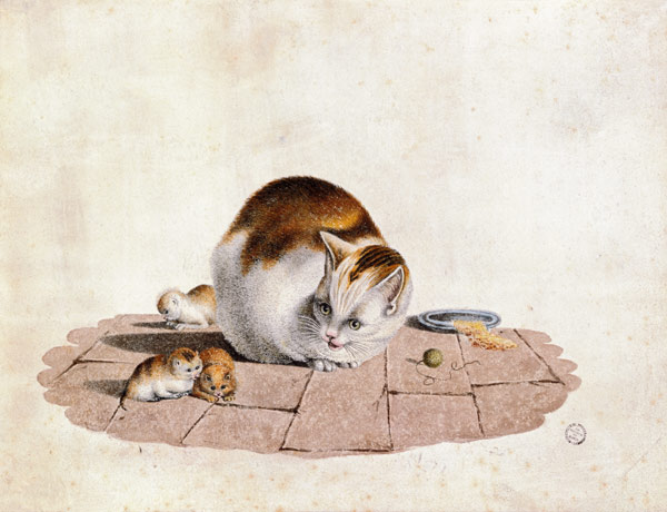 Cat mother with three boys at a food plate od Gottfried Mind