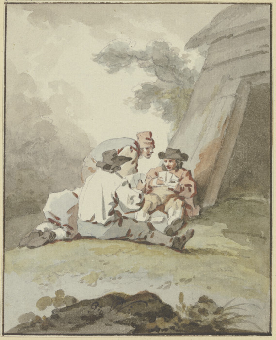 Vier Männer vor einer Hütte am Boden sitzend oder hockend beim Kartenspiel od Gottlieb Welté