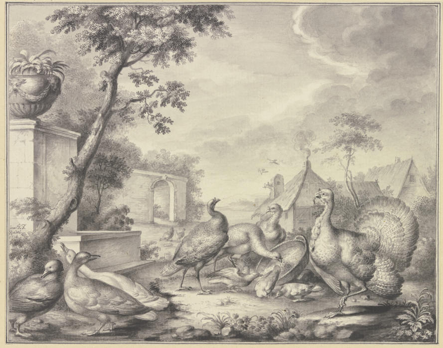 Truthahn und Tauben bei der Fütterung, links drei Enten od Gottlieb Friedrich Riedel