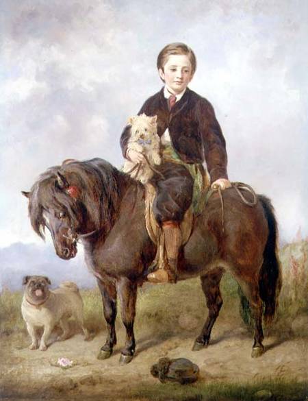 John Samuel Bradford as a boy seated on a shetland pony with a pug dog od Gourlay Steell