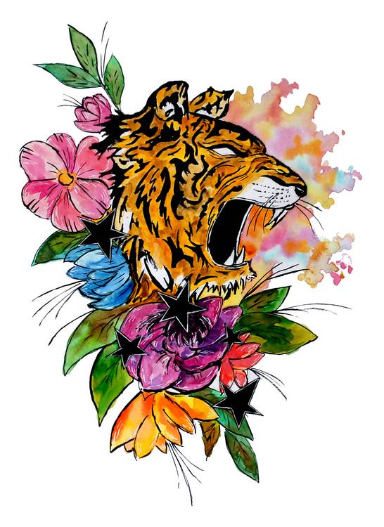 Tiger mit Blumen und Sternen od Sebastian  Grafmann