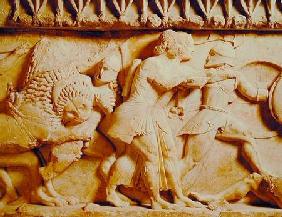 Detail of the north frieze of the Siphnian Treasury depicting gods fighting giants