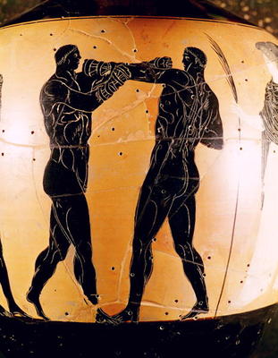 Black-figure Panathenaic amphora depicting a boxing contest, c.336 BC (pottery) od Greek 4th century BC