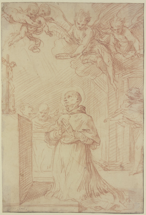 Betender Heiliger vor einem Altar von Engeln gekrönt od Guido Reni