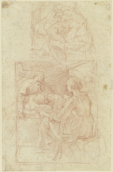 Heilige Familie, das Kind liegt im Bett, oben ein zweiter Entwurf od Guido Reni