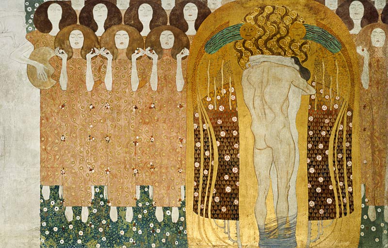 Here's a Kiss to the Whole World!, detail of the Beethoven Frieze, 1902 (casein, gold leaf, semi-pre od Gustav Klimt
