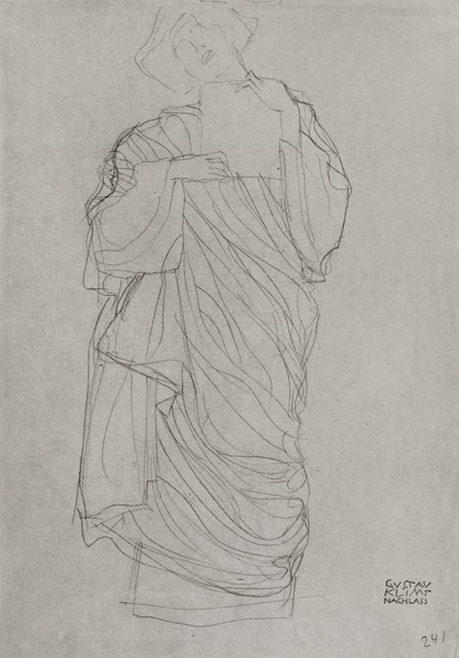 Robed Standing Woman Holding Card, cil on brown od Gustav Klimt