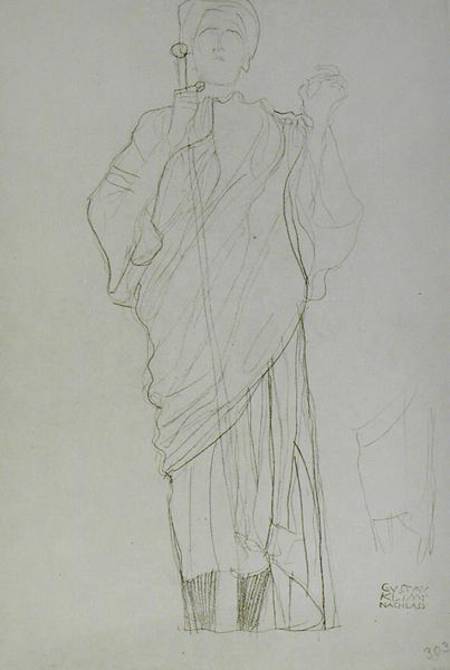 Standing Woman Holding Sword, cil on brown od Gustav Klimt