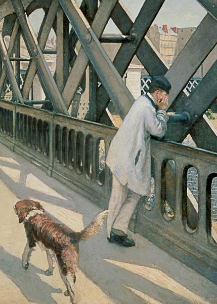 Le Pont de L'Europe: detail of a resting man and a dog od Gustave Caillebotte