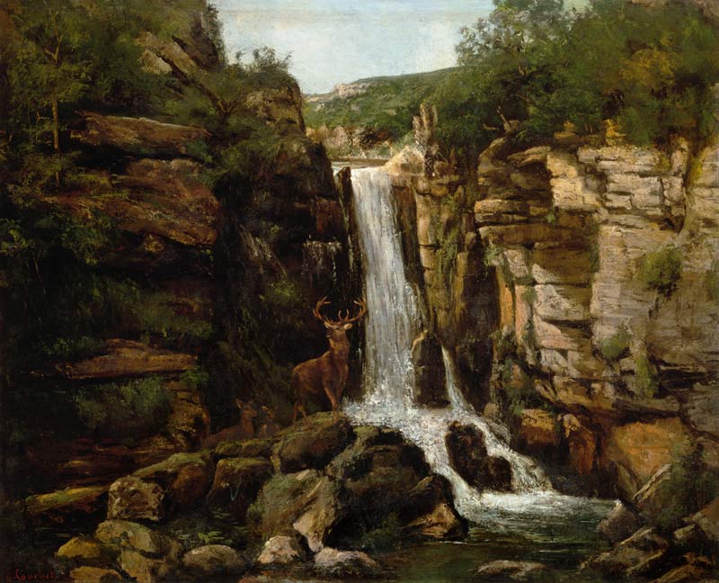 Red deer in front of a waterfall od Gustave Courbet