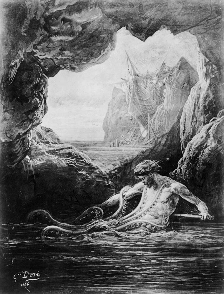Gilliatt struggles with the giant octopus, illustration from ''Les Travailleurs de la Mer'' by Victo od Gustave Doré