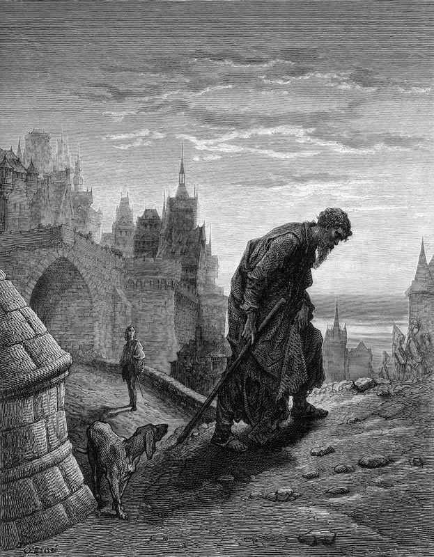 The Mariner, having finished his story, turns to leave, while his listener, the wedding guest gazes  od Gustave Doré
