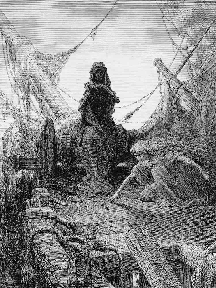 The ''Night-mare Life-in-Death'' plays dice with Death for the souls of the crew, scene from ''The R od Gustave Doré