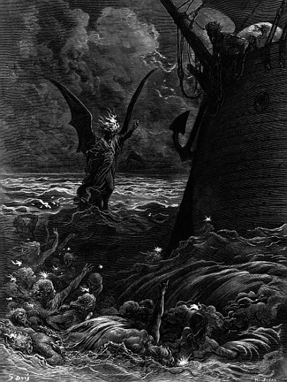 Death-fires dancing around the becalmed ship, scene from ''The Rime of the Ancient Mariner'' S.T. Co od Gustave Doré