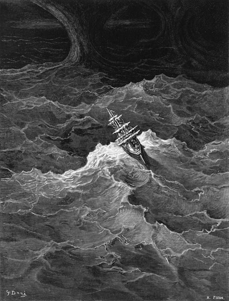 Ship in stormy sea, scene from ''The Rime of the Ancient Mariner'' S.T. Coleridge,S.T. Coleridge, pu od Gustave Doré