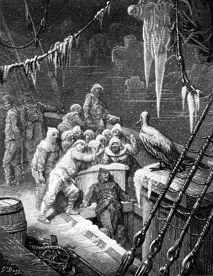 The albatross being fed the sailors on the the ship marooned in the frozen seas of Antartica, scene  od Gustave Doré