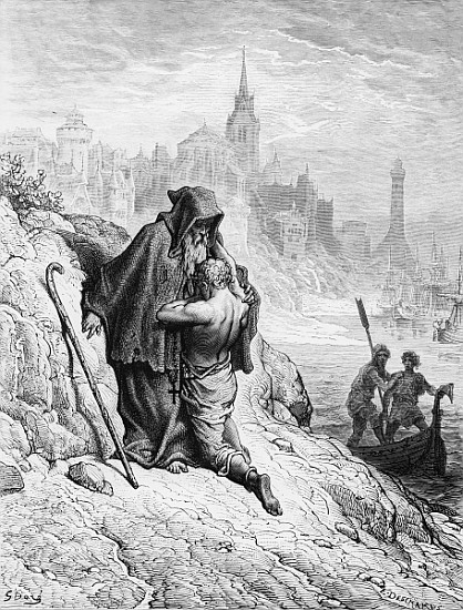 The Mariner begs the Hermit to give him absolution from his sin, scene from ''The Rime of the Ancien od Gustave Doré